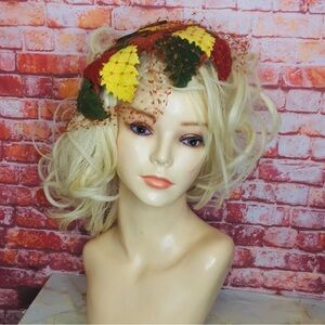 Vintage MCM Autumn Foliage Textured Wool Felt and Satin Half Hat